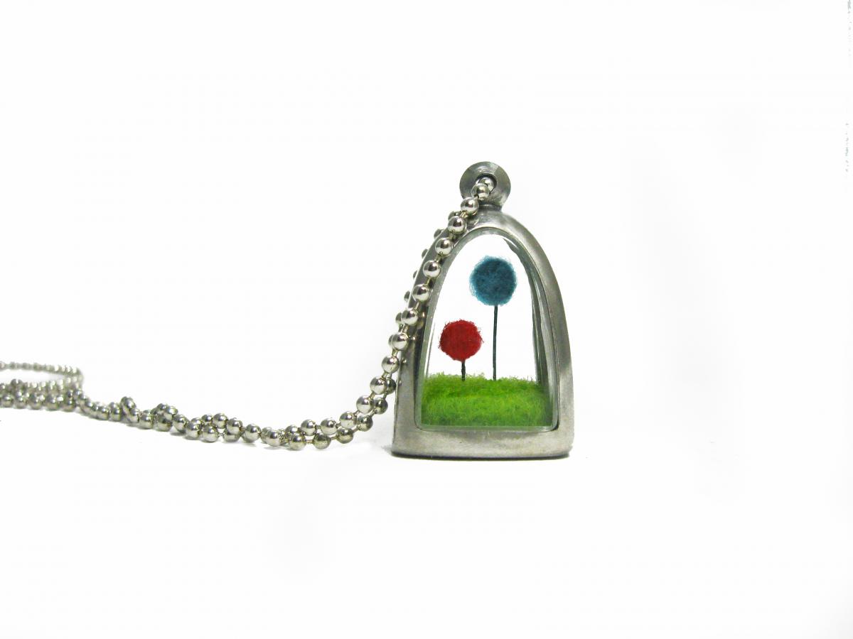 Terrarium Locket, Pom Pom Red And Blue Truffula Tree On Green Grass Hill Needle Felted With Unless Rock, Silver Finish